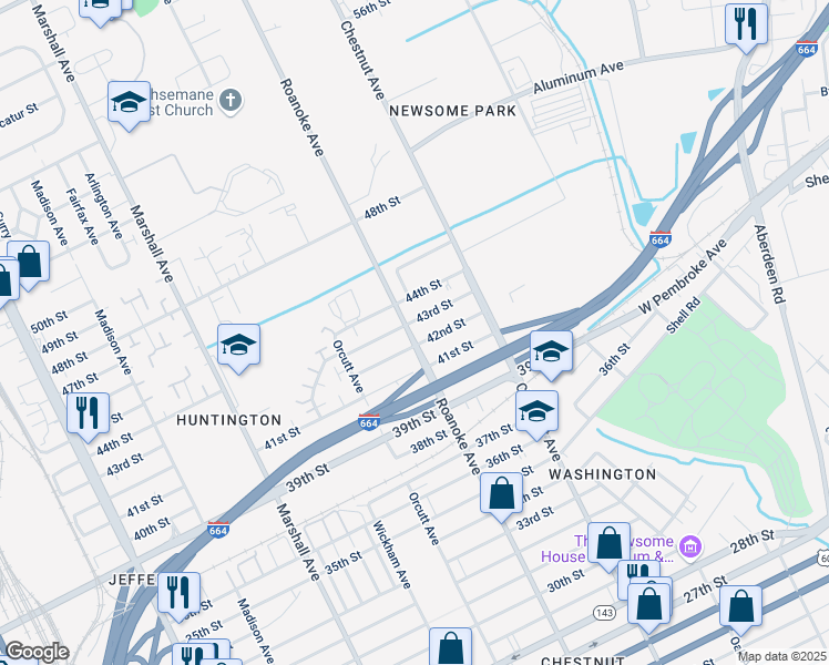 map of restaurants, bars, coffee shops, grocery stores, and more near 4208 Roanoke Avenue in Newport News