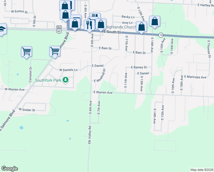 map of restaurants, bars, coffee shops, grocery stores, and more near 701 East Warren Avenue in Ozark