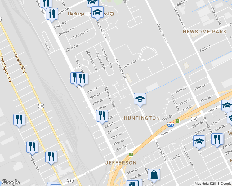 map of restaurants, bars, coffee shops, grocery stores, and more near 744 48th Street in Newport News