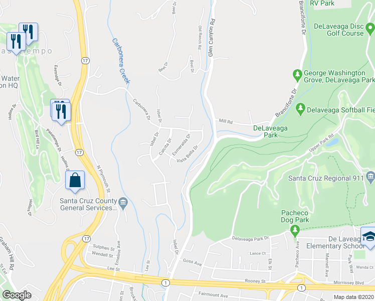 map of restaurants, bars, coffee shops, grocery stores, and more near 233 Vista Bella Drive in Santa Cruz