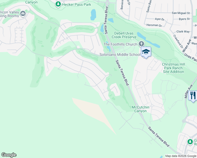 map of restaurants, bars, coffee shops, grocery stores, and more near 7109 Lahinch Drive in Gilroy