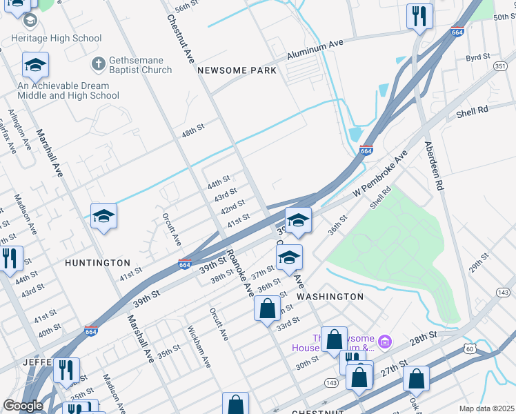 map of restaurants, bars, coffee shops, grocery stores, and more near 4101 Chestnut Avenue in Newport News
