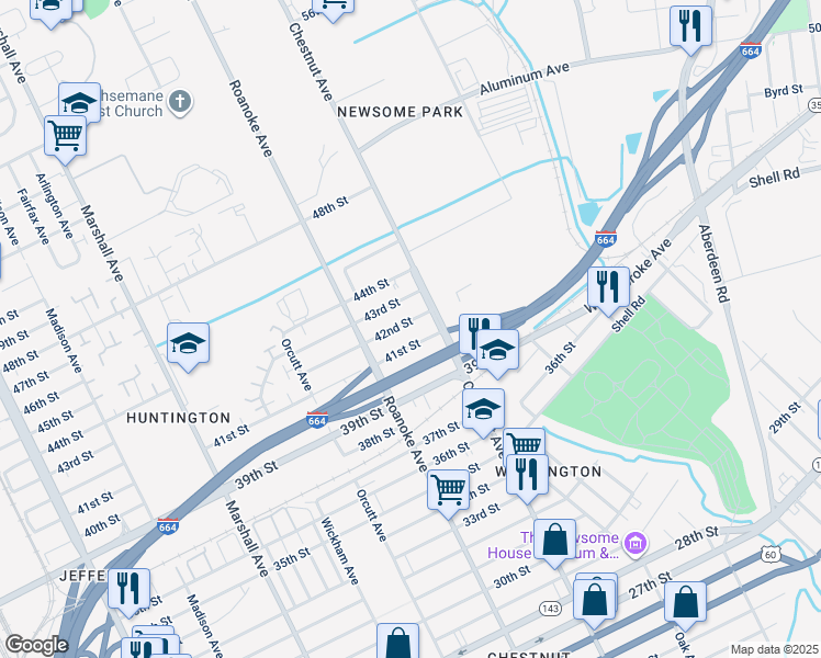 map of restaurants, bars, coffee shops, grocery stores, and more near 1140 42nd Street in Newport News