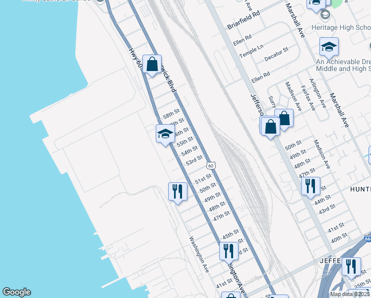 map of restaurants, bars, coffee shops, grocery stores, and more near 5408 Huntington Avenue in Newport News