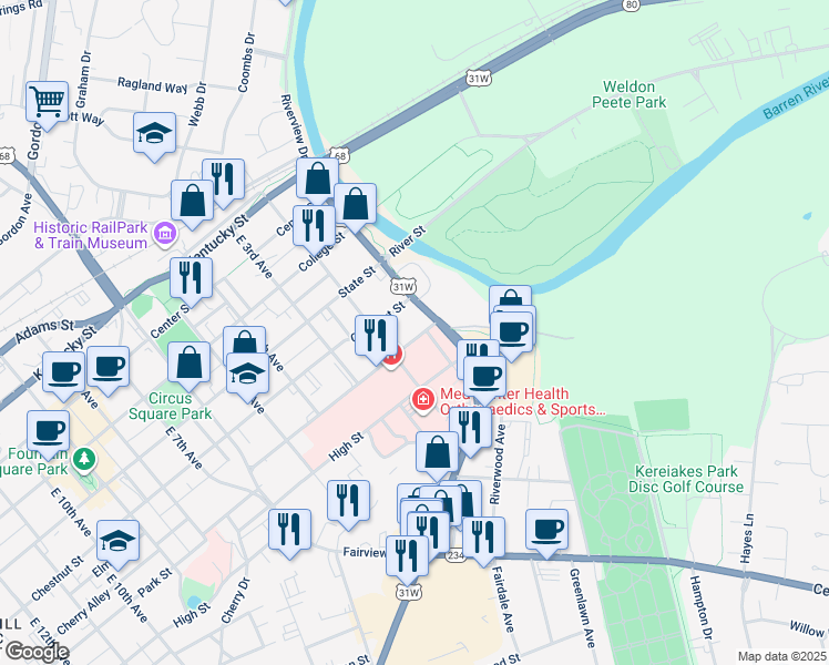 map of restaurants, bars, coffee shops, grocery stores, and more near 119-121 Park Street in Bowling Green
