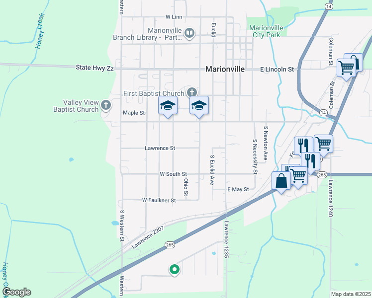 map of restaurants, bars, coffee shops, grocery stores, and more near 304 West Lawrence Street in Marionville