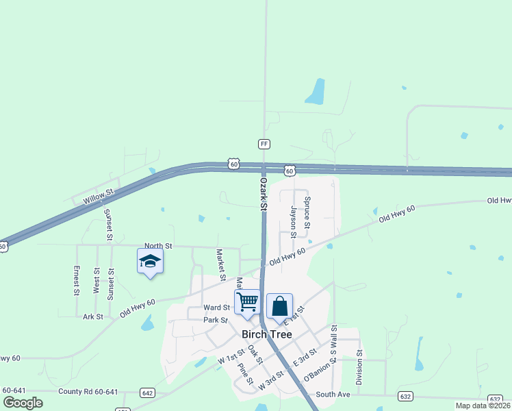 map of restaurants, bars, coffee shops, grocery stores, and more near 336 Ozark Street in Birch Tree