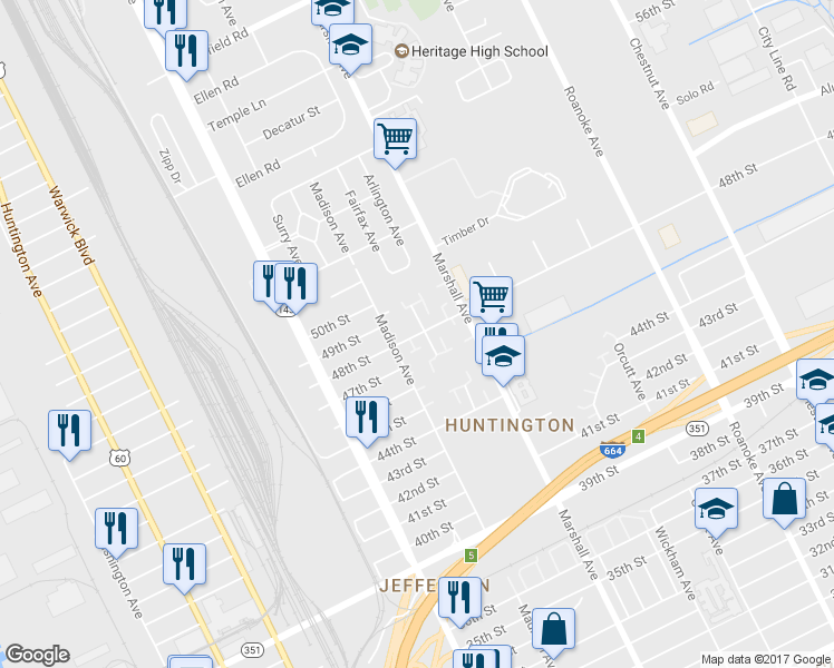 map of restaurants, bars, coffee shops, grocery stores, and more near 747 48th Street in Newport News