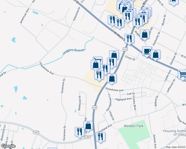 map of restaurants, bars, coffee shops, grocery stores, and more near 230 South L Rogers Wells Boulevard in Glasgow