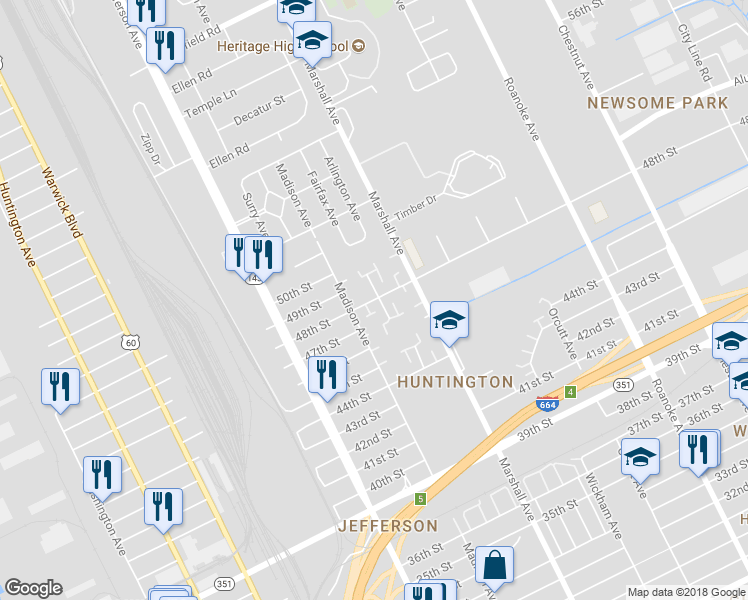 map of restaurants, bars, coffee shops, grocery stores, and more near 748 48th Street in Newport News