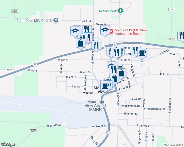 map of restaurants, bars, coffee shops, grocery stores, and more near 376 North Pine Street in Mountain View