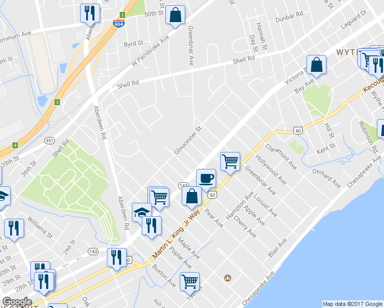 map of restaurants, bars, coffee shops, grocery stores, and more near 374 Hobson Avenue in Hampton