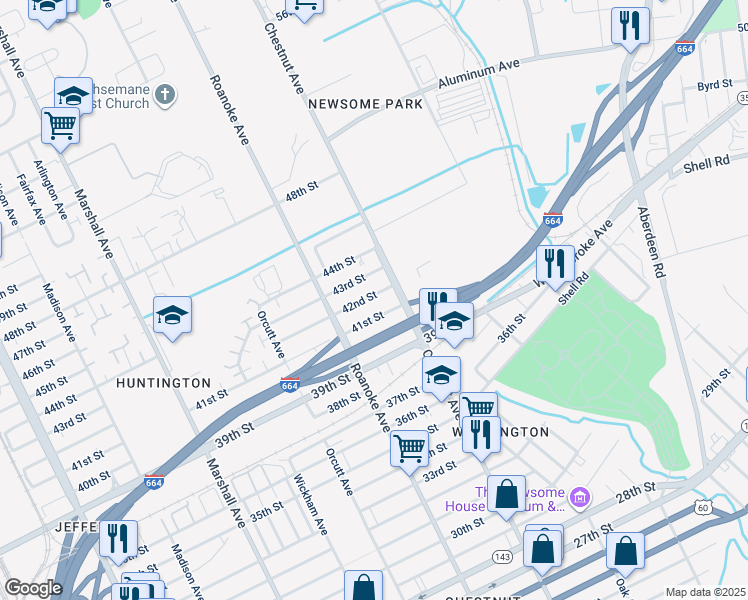 map of restaurants, bars, coffee shops, grocery stores, and more near 1140 42nd Street in Newport News