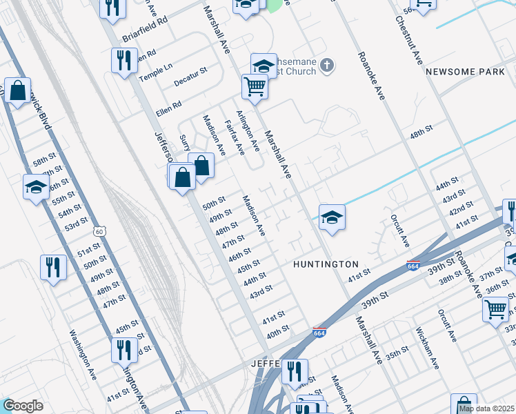 map of restaurants, bars, coffee shops, grocery stores, and more near 4820 Madison Avenue in Newport News