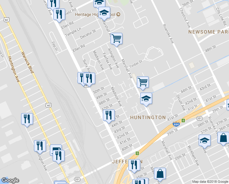 map of restaurants, bars, coffee shops, grocery stores, and more near 4832 Madison Avenue in Newport News