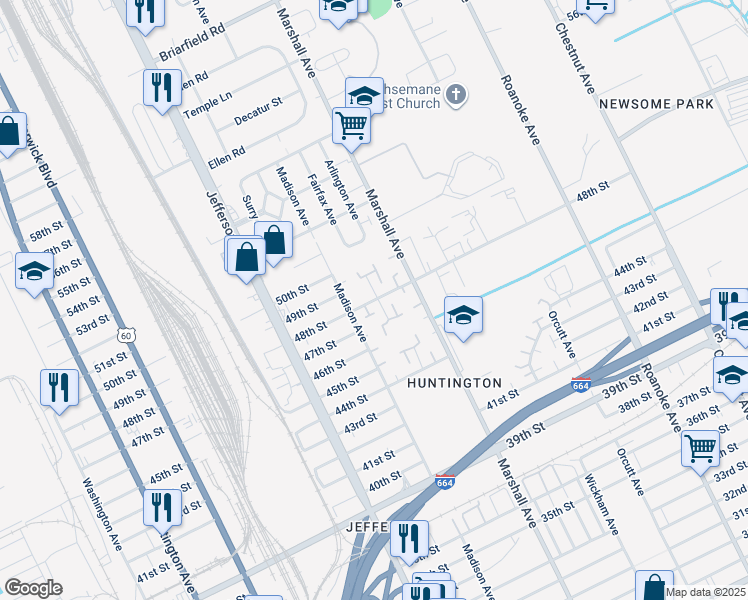 map of restaurants, bars, coffee shops, grocery stores, and more near 753 48th Street in Newport News