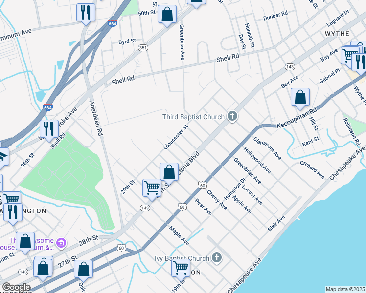 map of restaurants, bars, coffee shops, grocery stores, and more near 374 Hobson Avenue in Hampton