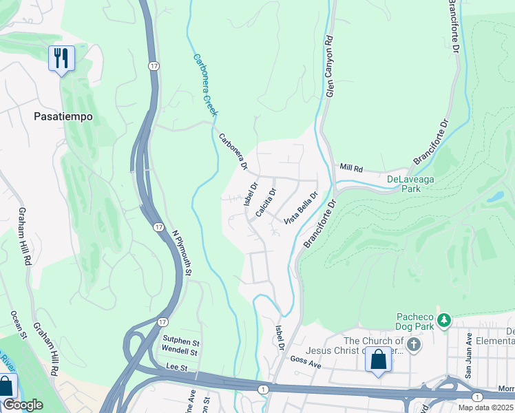 map of restaurants, bars, coffee shops, grocery stores, and more near 115 Calcita Drive in Santa Cruz
