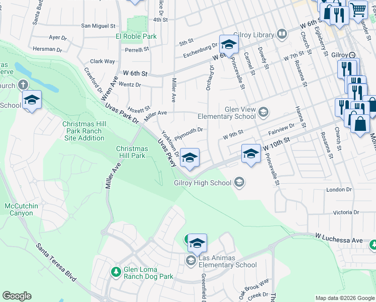map of restaurants, bars, coffee shops, grocery stores, and more near 7100 Potomac Place in Gilroy