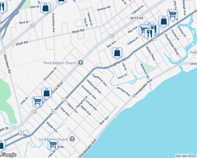 map of restaurants, bars, coffee shops, grocery stores, and more near 211 Claremont Avenue in Hampton