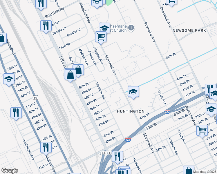 map of restaurants, bars, coffee shops, grocery stores, and more near 760 48th Street in Newport News