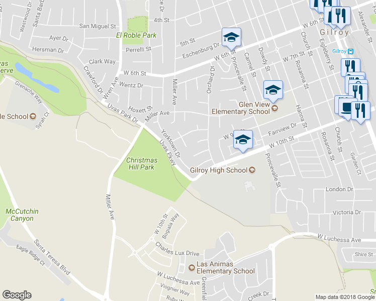 map of restaurants, bars, coffee shops, grocery stores, and more near 7100 Potomac Place in Gilroy