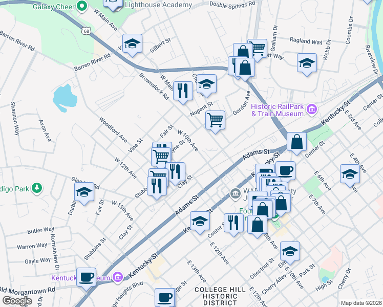 map of restaurants, bars, coffee shops, grocery stores, and more near 131 West 10th Avenue in Bowling Green