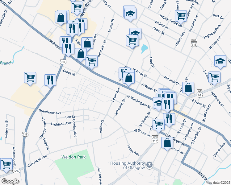 map of restaurants, bars, coffee shops, grocery stores, and more near 201-299 Leslie Ave in Glasgow