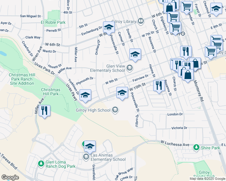 map of restaurants, bars, coffee shops, grocery stores, and more near 773 Gettysburg Way in Gilroy