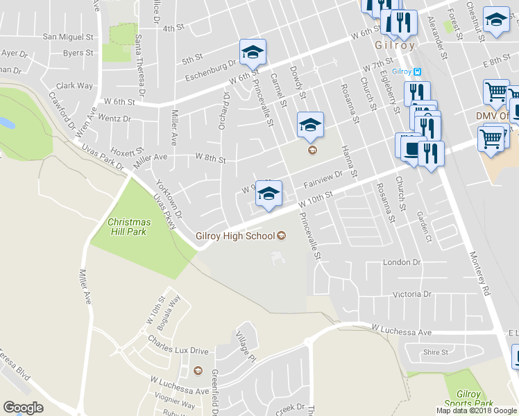 map of restaurants, bars, coffee shops, grocery stores, and more near 773 Gettysburg Way in Gilroy