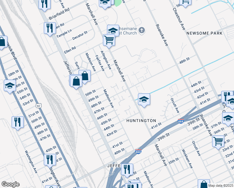 map of restaurants, bars, coffee shops, grocery stores, and more near 4803 Rochester Court in Newport News