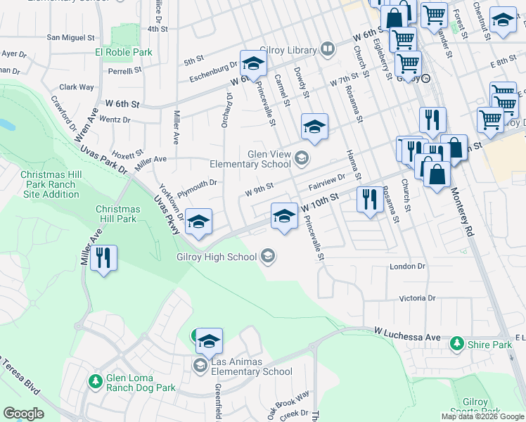 map of restaurants, bars, coffee shops, grocery stores, and more near 773 Gettysburg Way in Gilroy
