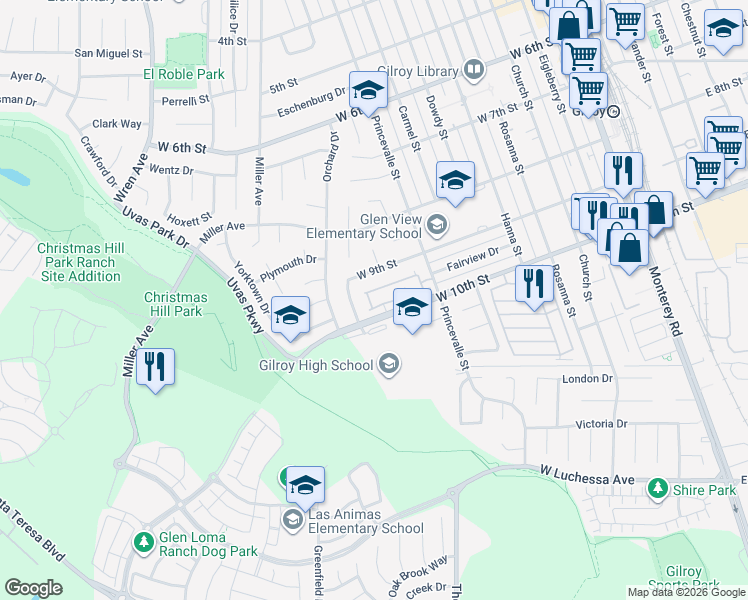 map of restaurants, bars, coffee shops, grocery stores, and more near 758 Gettysburg Way in Gilroy