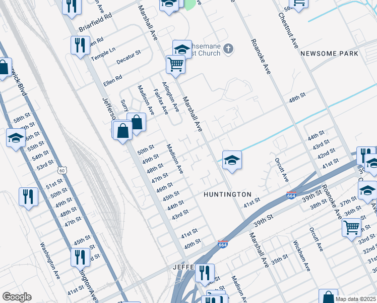 map of restaurants, bars, coffee shops, grocery stores, and more near 4804 Rochester Court in Newport News