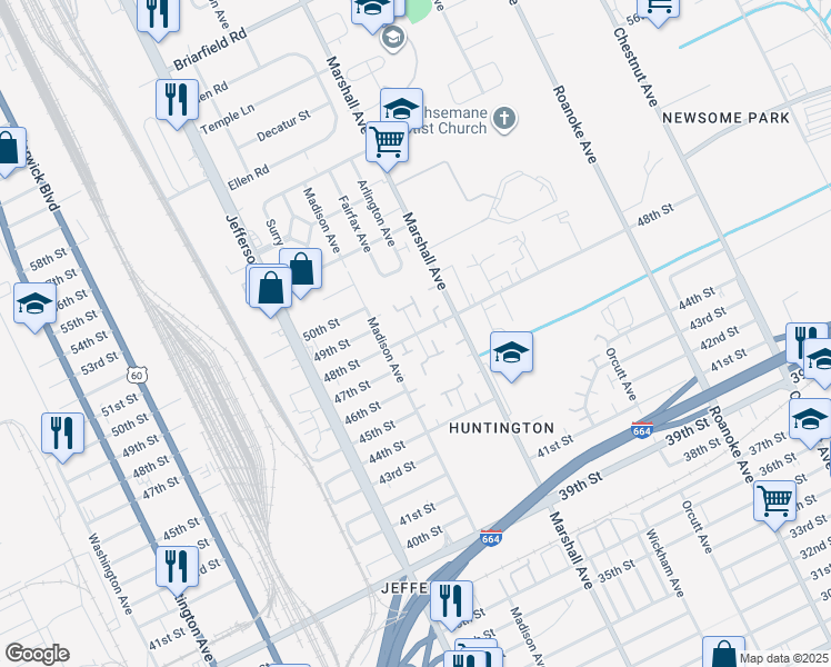 map of restaurants, bars, coffee shops, grocery stores, and more near 4809 Rochester Court in Newport News