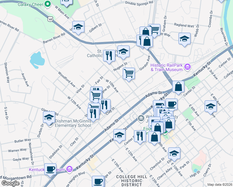 map of restaurants, bars, coffee shops, grocery stores, and more near 131 West 10th Avenue in Bowling Green