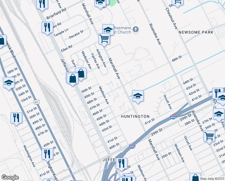 map of restaurants, bars, coffee shops, grocery stores, and more near 763 48th Street in Newport News