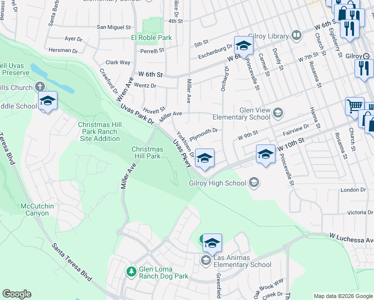 map of restaurants, bars, coffee shops, grocery stores, and more near 7135 Yorktown Drive in Gilroy