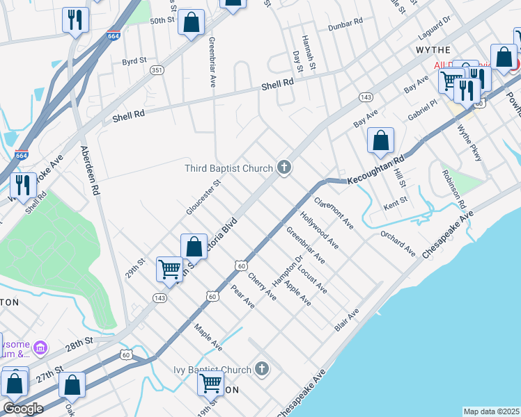 map of restaurants, bars, coffee shops, grocery stores, and more near 330 Locust Avenue in Hampton