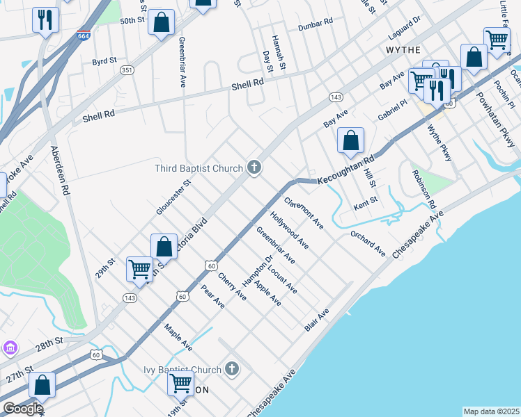 map of restaurants, bars, coffee shops, grocery stores, and more near 1113 Kecoughtan Road in Hampton