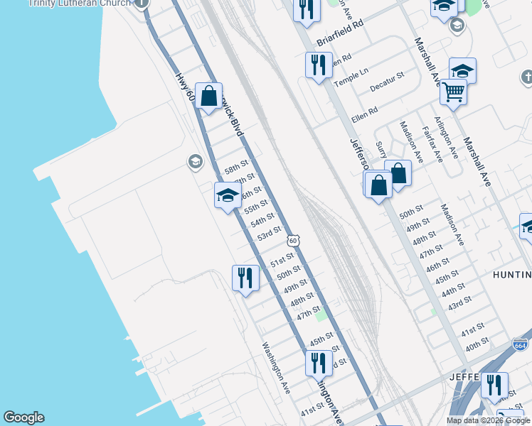 map of restaurants, bars, coffee shops, grocery stores, and more near 334 54th Street in Newport News