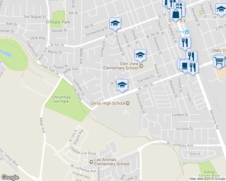map of restaurants, bars, coffee shops, grocery stores, and more near 7067 Mount Vernon Way in Gilroy
