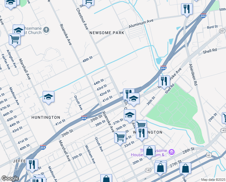 map of restaurants, bars, coffee shops, grocery stores, and more near 4101 Chestnut Avenue in Newport News
