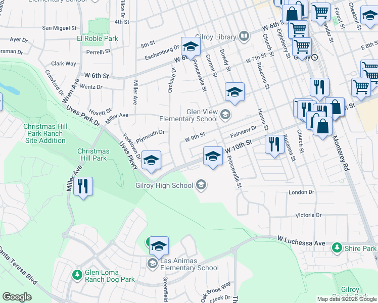 map of restaurants, bars, coffee shops, grocery stores, and more near 7067 Mount Vernon Way in Gilroy