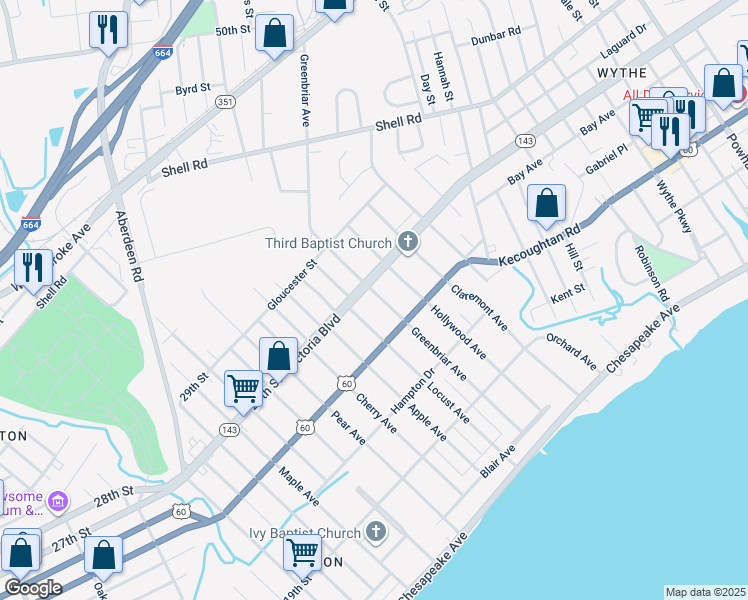 map of restaurants, bars, coffee shops, grocery stores, and more near 330 Locust Avenue in Hampton