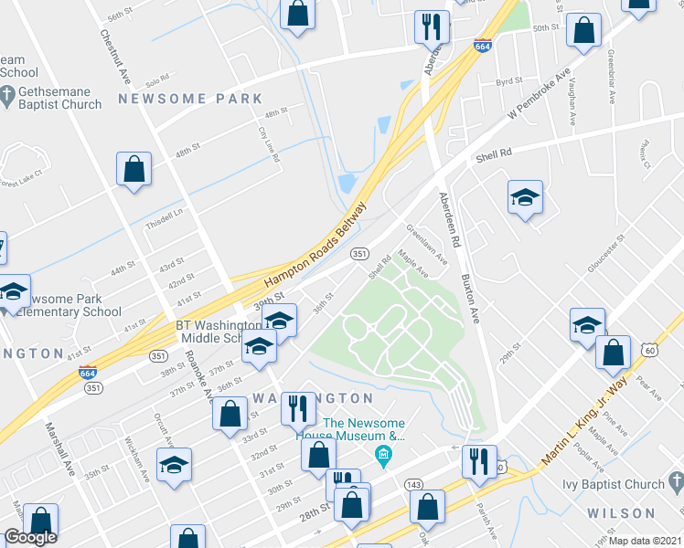 map of restaurants, bars, coffee shops, grocery stores, and more near 1432 36th Street in Newport News