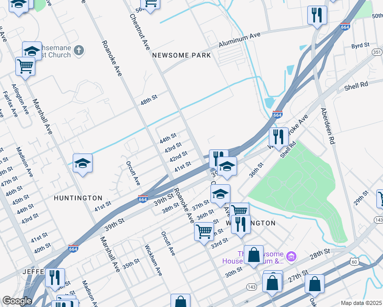 map of restaurants, bars, coffee shops, grocery stores, and more near 4101 Chestnut Avenue in Newport News
