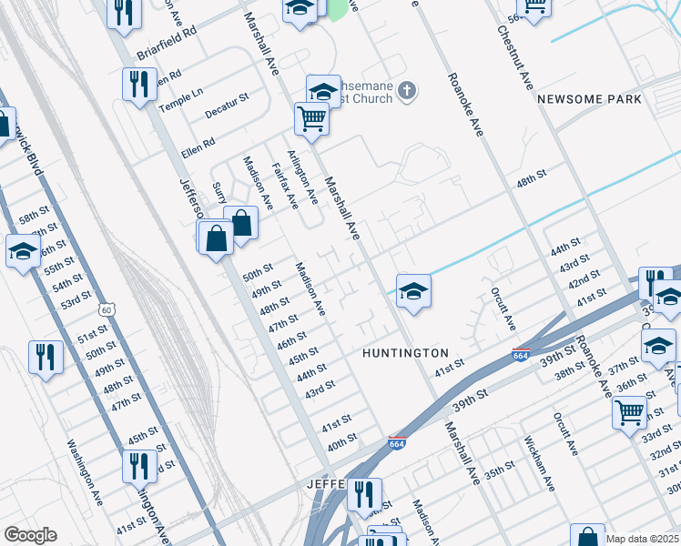 map of restaurants, bars, coffee shops, grocery stores, and more near 767 48th Street in Newport News