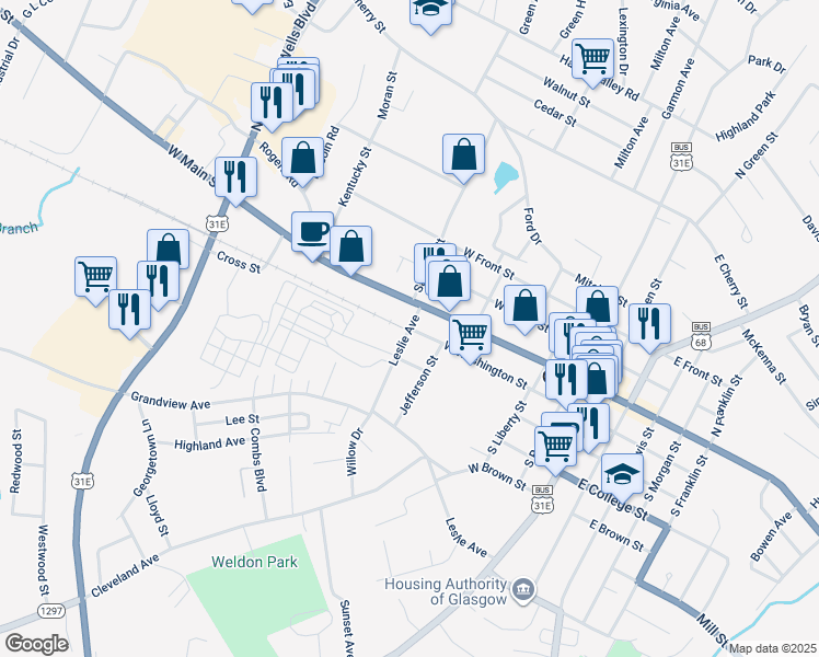 map of restaurants, bars, coffee shops, grocery stores, and more near 201 Leslie Avenue in Glasgow
