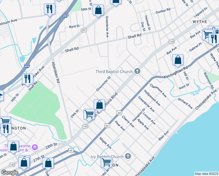 map of restaurants, bars, coffee shops, grocery stores, and more near 907 Victoria Boulevard in Hampton